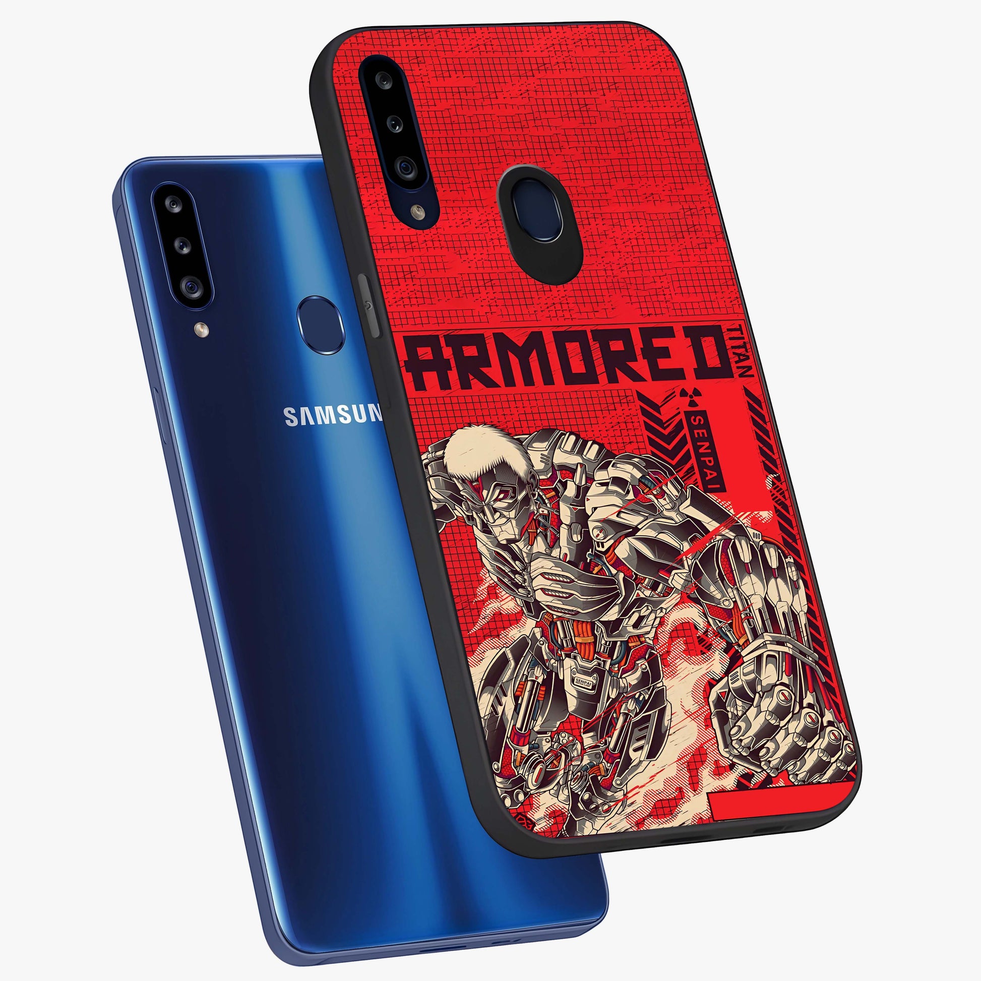 Crimson Mecha Titan Glass Case displayed in angled mockup highlighting futuristic mech illustration with bold crimson aesthetic.