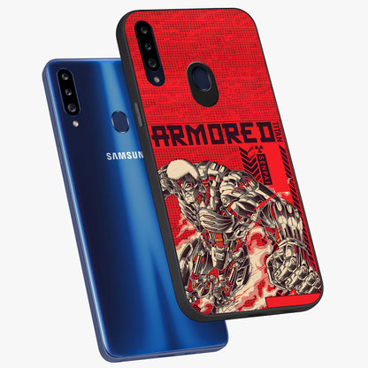 Crimson Mecha Titan Glass Case displayed in angled mockup highlighting futuristic mech illustration with bold crimson aesthetic.