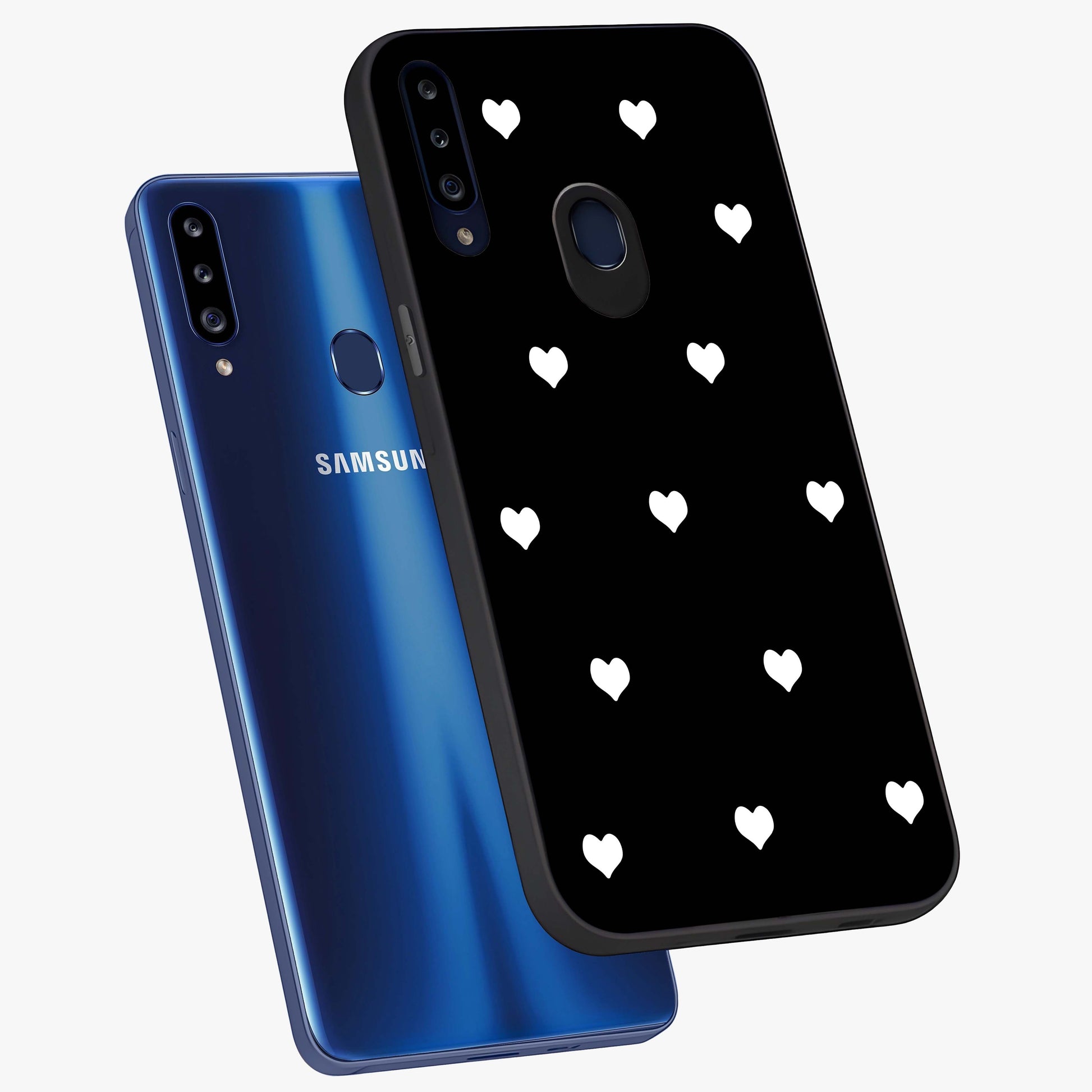 Cute And Simple White Hearts Glass Case displayed in angled mockup highlighting cute heart design with clean aesthetic style.