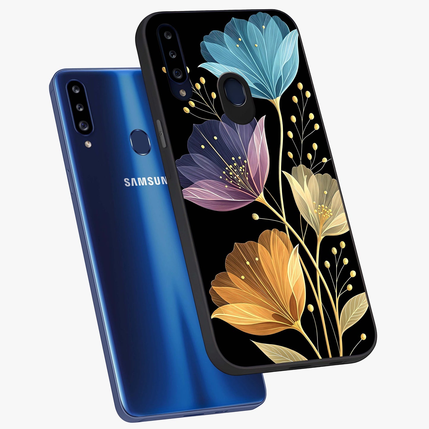 Delicate Multicolor Flowers Glass Case displayed in angled mockup highlighting colorful flower pattern with soft aesthetic style.