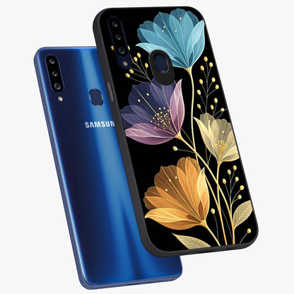 Delicate Multicolor Flowers Glass Case displayed in angled mockup highlighting colorful flower pattern with soft aesthetic style.