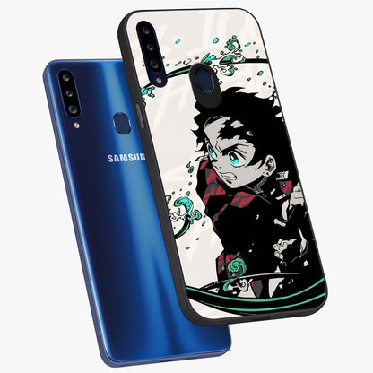 Demon Slayer Glass Case displayed in angled mockup highlighting dramatic anime character design with action aesthetic.