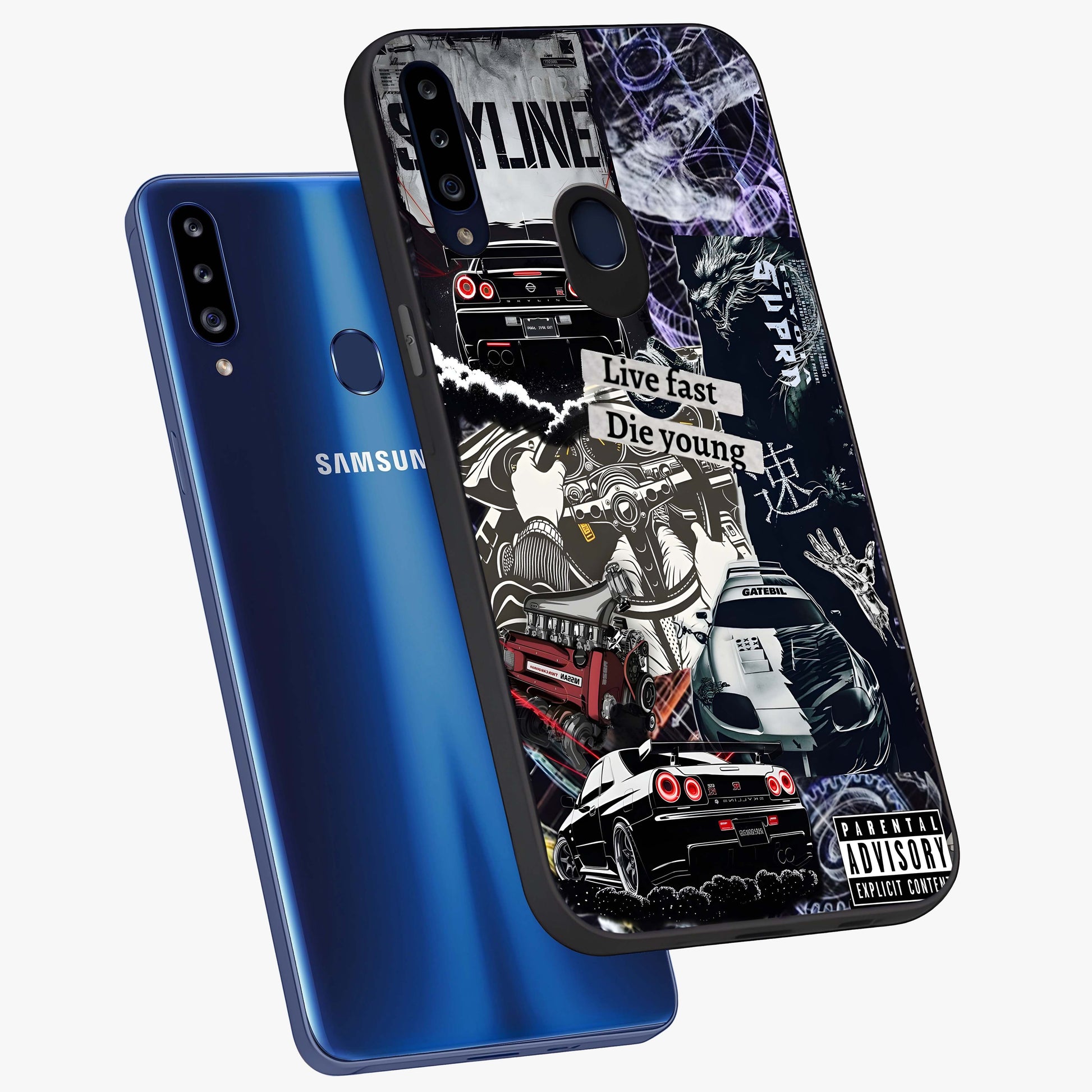 Die Young Glass Case displayed in angled mockup highlighting expressive graphic artwork with edgy aesthetic style.