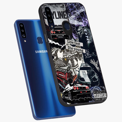 Die Young Glass Case displayed in angled mockup highlighting expressive graphic artwork with edgy aesthetic style.