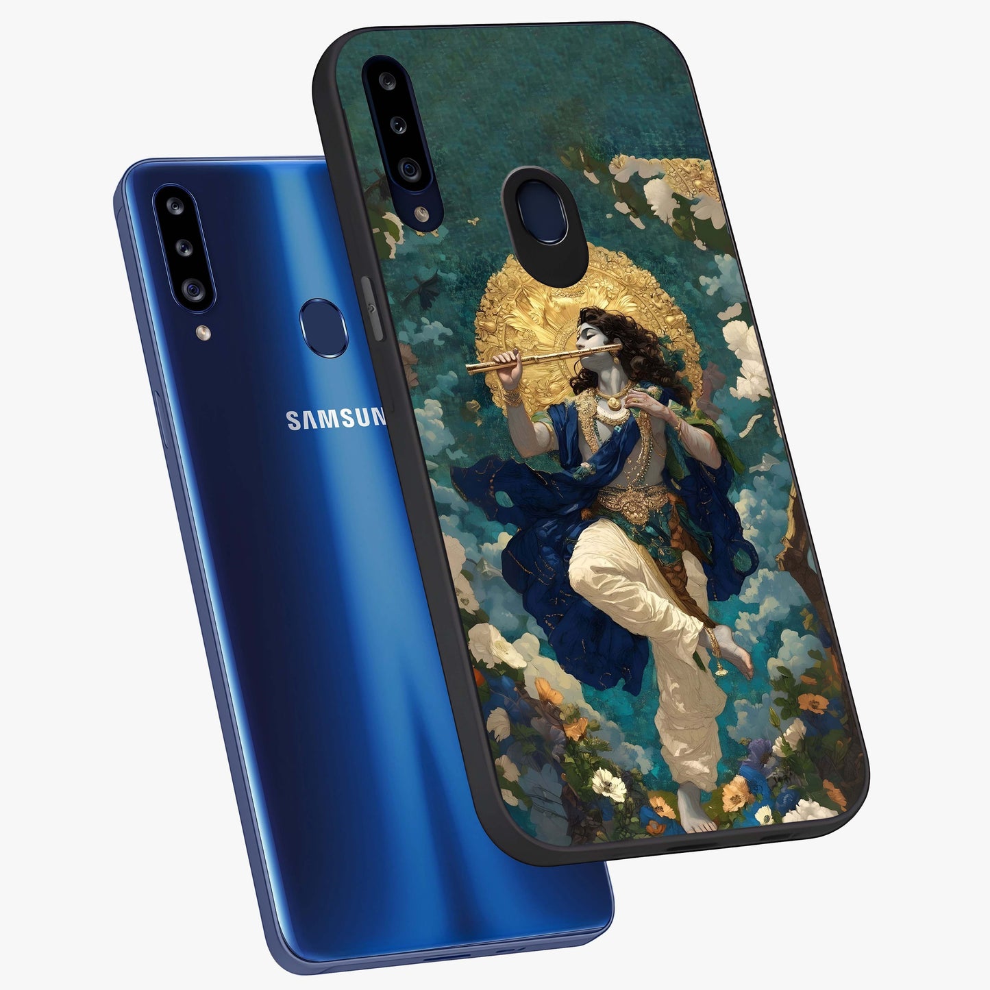 Divine Krishna Art Glass Case displayed in angled mockup highlighting spiritual Krishna illustration with devotional aesthetic.