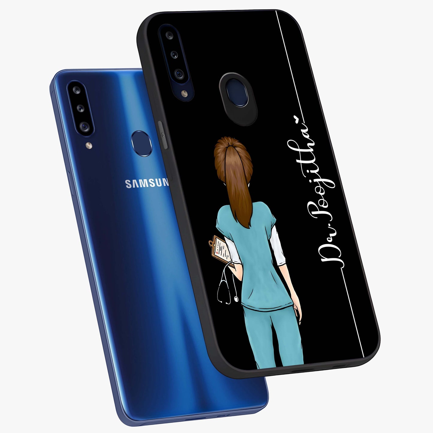 Doctor Pattern Custom Name Glass Case displayed in angled mockup highlighting doctor inspired artwork with custom name feature.