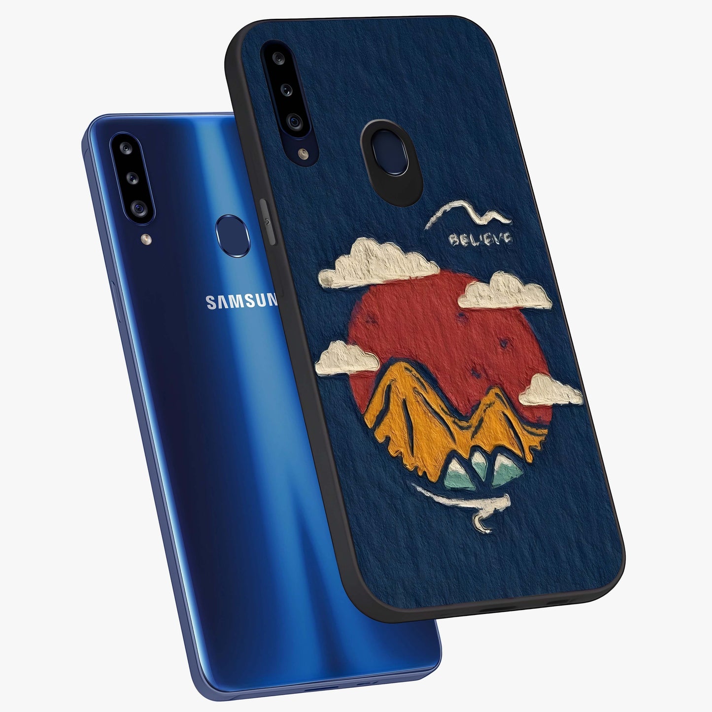 Dream Beyond Mountains Glass Case displayed in angled mockup highlighting dreamy mountain illustration with peaceful aesthetic.