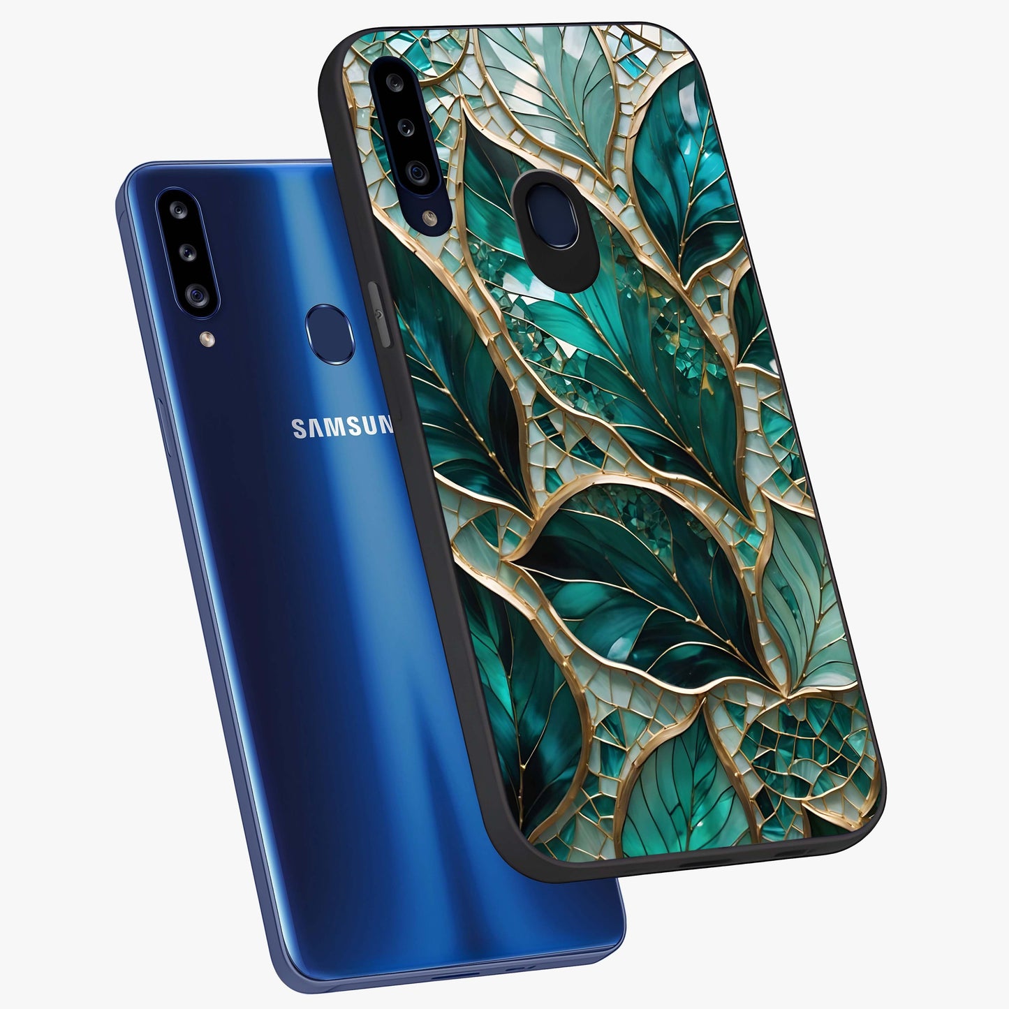 Emerald Leaf Glass Glass Case displayed in angled mockup highlighting botanical leaf illustration with elegant natural aesthetic.
