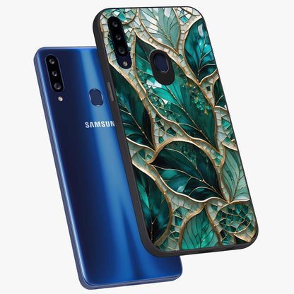 Emerald Leaf Glass Glass Case displayed in angled mockup highlighting botanical leaf illustration with elegant natural aesthetic.