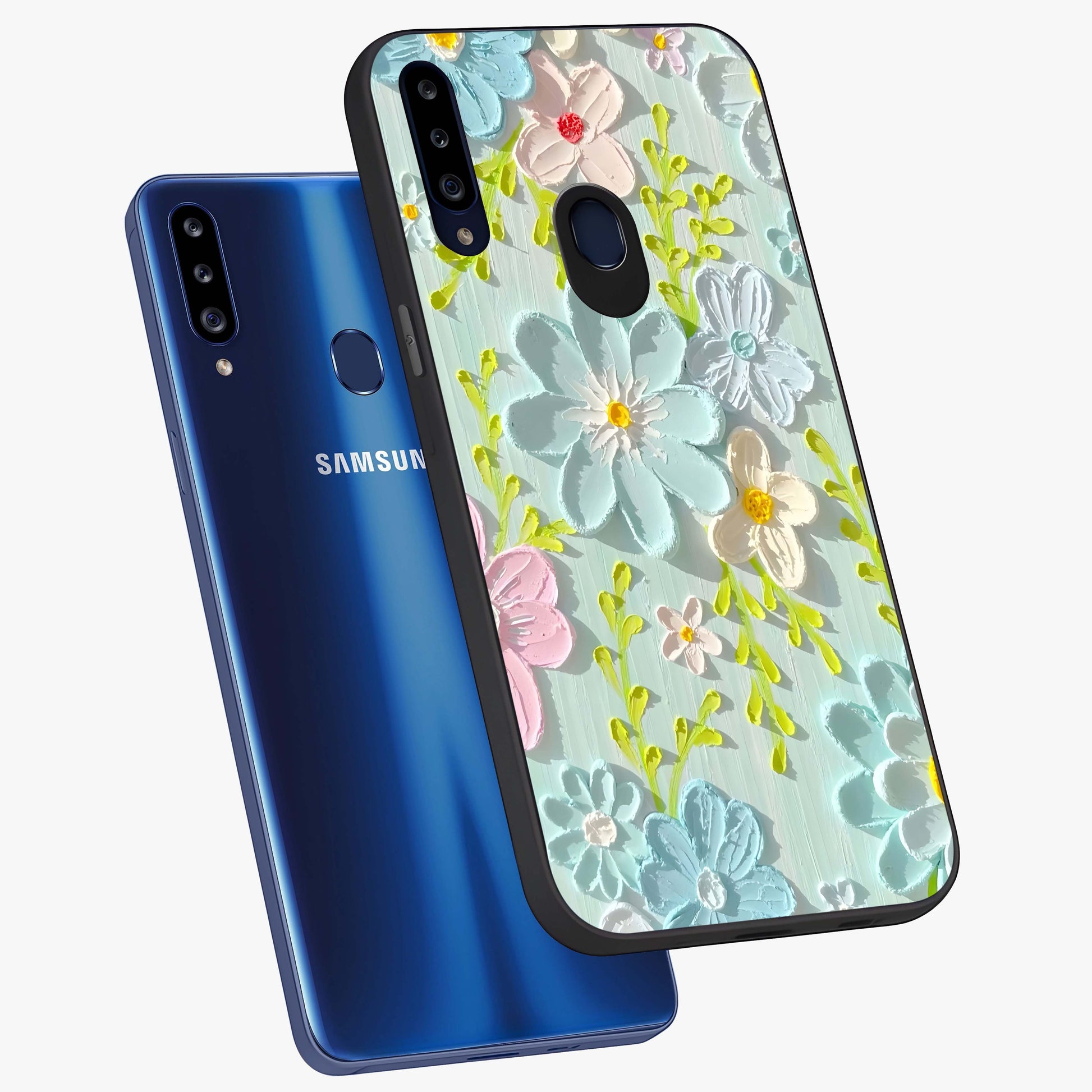 Frosted Petal Garden Glass Case displayed in angled mockup highlighting delicate flower petal design with calm garden aesthetic.