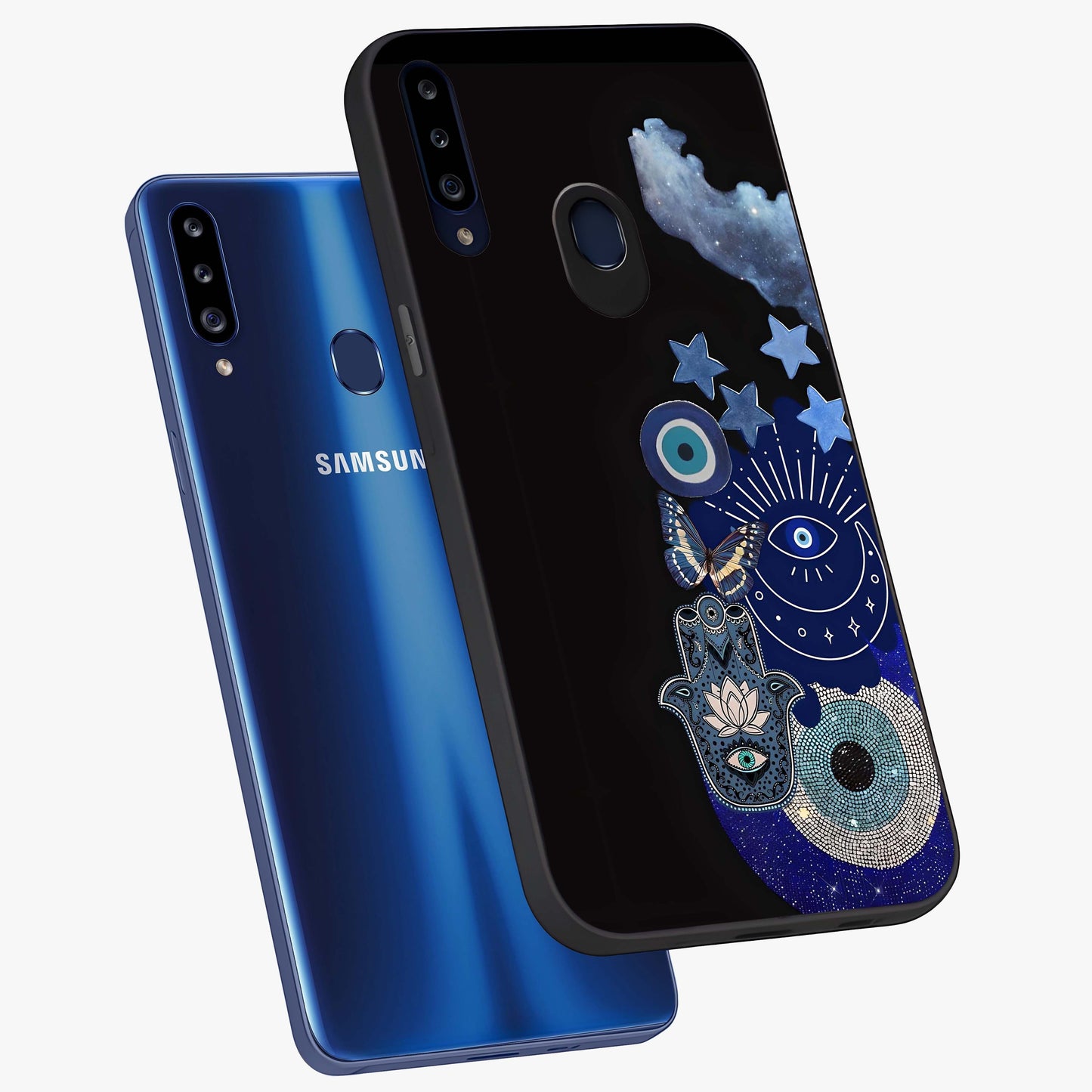 Galactic Charm Cluster Glass Case displayed in angled mockup highlighting luminous galaxy inspired design with dreamy aesthetic.