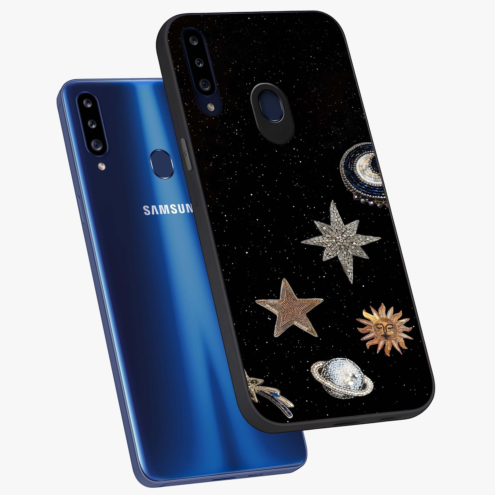 Galactic Charm Glow Glass Case displayed in angled mockup highlighting luminous galaxy inspired design with dreamy aesthetic.