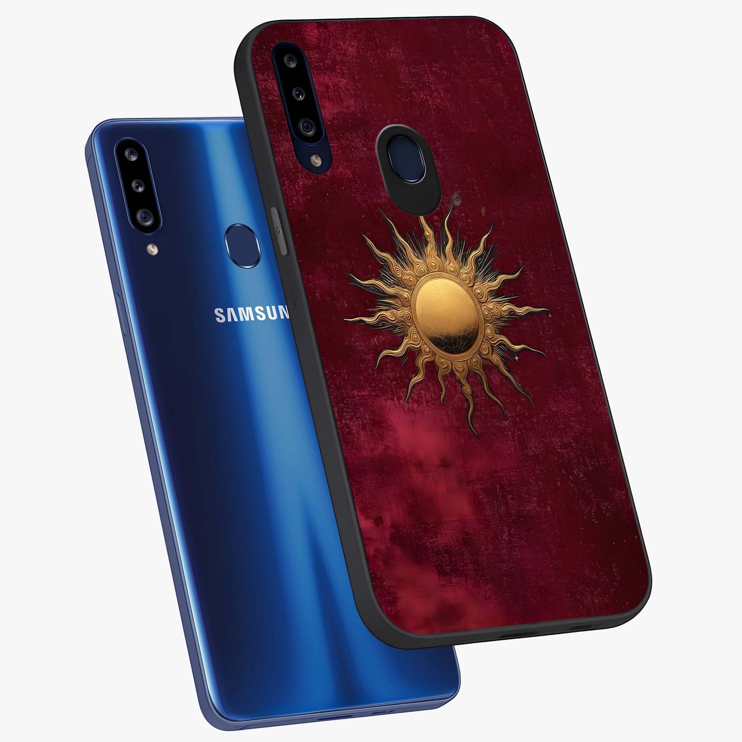 Golden Sun Minimalism Glass Case displayed in angled mockup highlighting clean sun symbol design with modern minimal aesthetic.