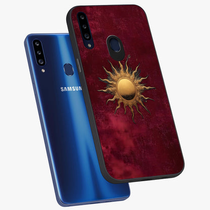 Golden Sun Minimalism Glass Case displayed in angled mockup highlighting clean sun symbol design with modern minimal aesthetic.