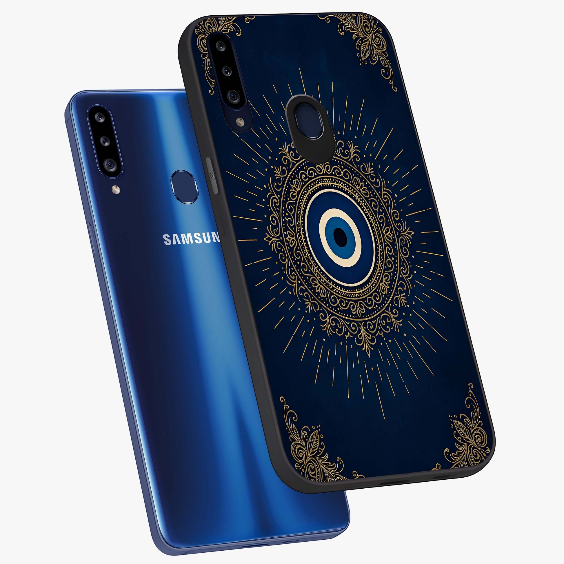 Golden Celestial Charm Glass Case displayed in angled mockup highlighting sparkling cosmic charm design with celestial aesthetic.