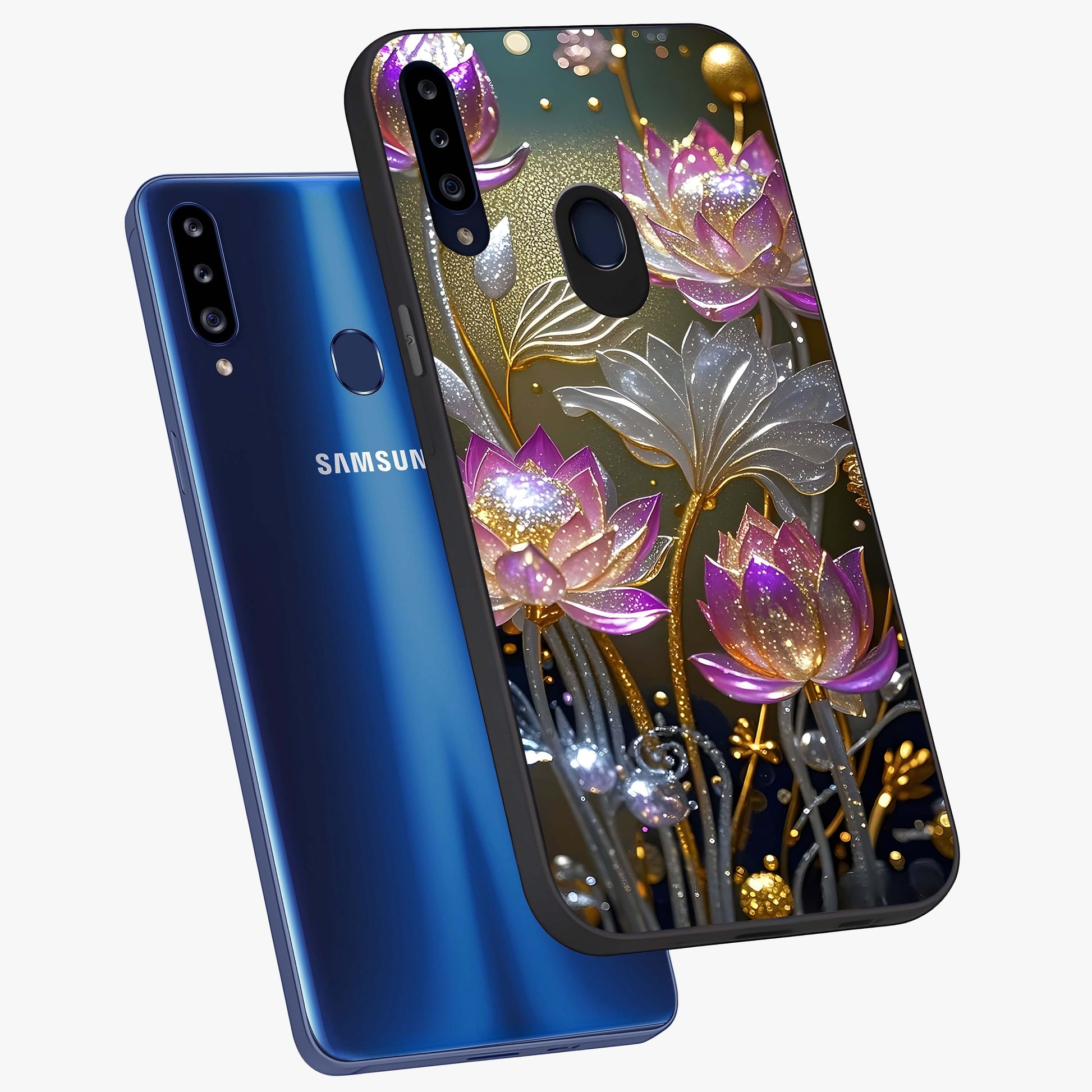 Golden Floral Majesty Glass Case displayed in angled mockup highlighting elegant flower design with royal golden aesthetic.