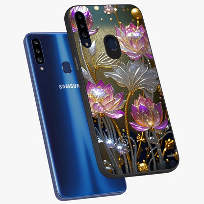 Golden Floral Majesty Glass Case displayed in angled mockup highlighting elegant flower design with royal golden aesthetic.
