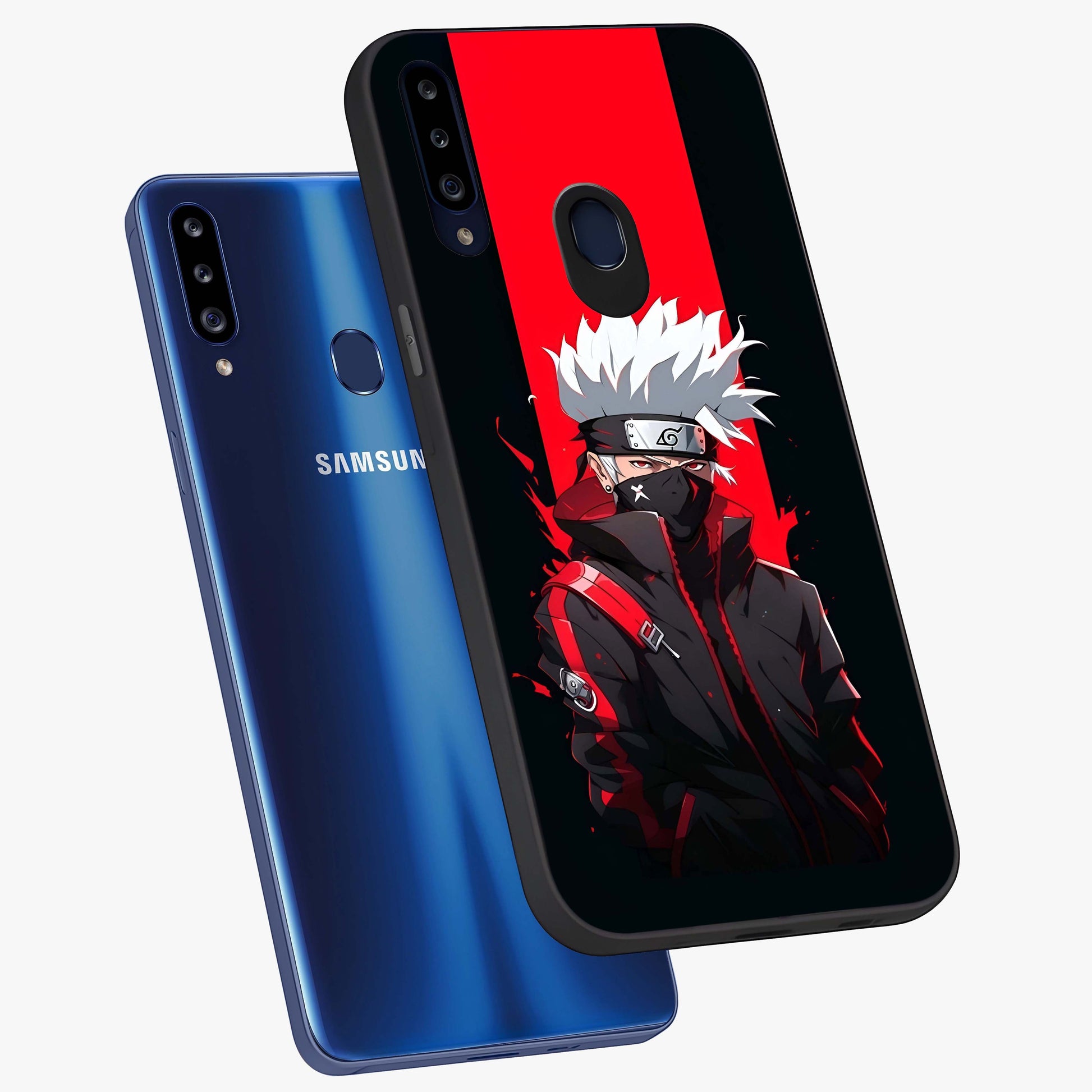 Kakashi Scarlet Shadow Glass Case displayed in angled mockup highlighting dramatic ninja illustration with scarlet themed aesthetic.