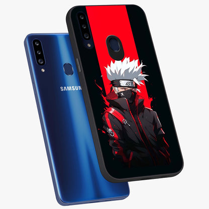 Kakashi Scarlet Shadow Glass Case displayed in angled mockup highlighting dramatic ninja illustration with scarlet themed aesthetic.