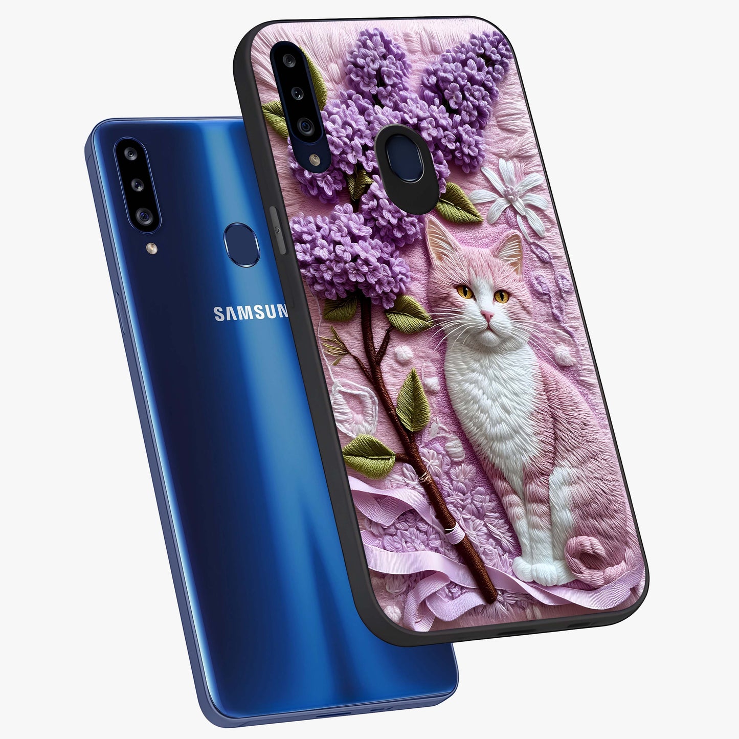 Lavender Cat Whimsy Glass Case displayed in angled mockup highlighting playful feline illustration with pastel lavender aesthetic.
