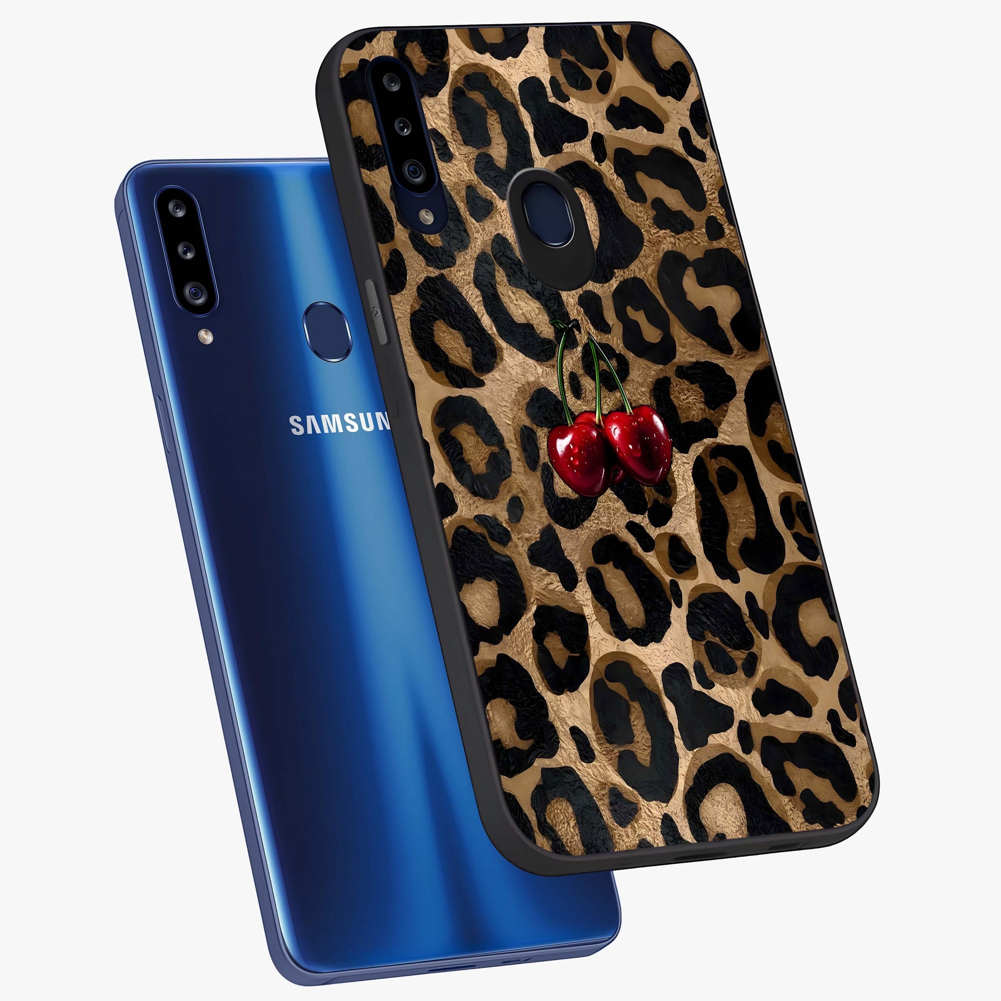 Leopard Wild Cherry Glass Case displayed in angled mockup highlighting bold animal print design with playful cherry aesthetic.