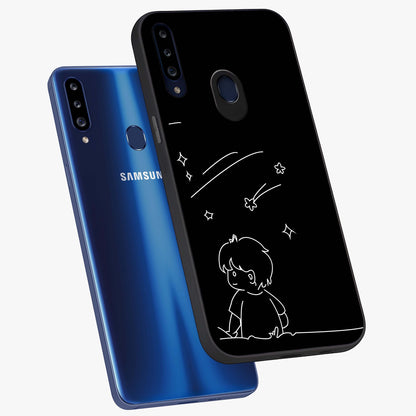 Line Art Boy With Shooting Stars Glass Case displayed in angled mockup highlighting elegant line art design with dreamy star aesthetic.
