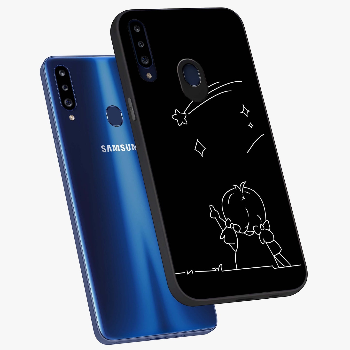Line Art Girl With Shooting Stars Glass Case displayed in angled mockup highlighting elegant line art design with dreamy star aesthetic.