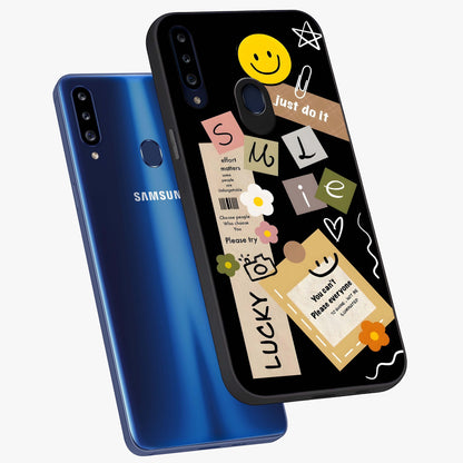 Lucky Aesthetic Collage Glass Case displayed in angled mockup highlighting stylish collage pattern with modern aesthetic vibe.