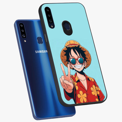 Luffy Summer Anime Vibe Glass Case displayed in angled mockup highlighting energetic anime illustration with summer vibe aesthetic.