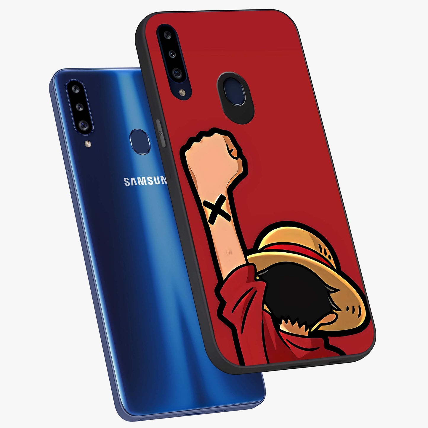 Luffy X Spirit Glass Case displayed in angled mockup highlighting powerful anime design with energetic action aesthetic.
