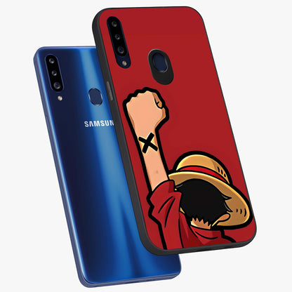 Luffy X Spirit Glass Case displayed in angled mockup highlighting powerful anime design with energetic action aesthetic.