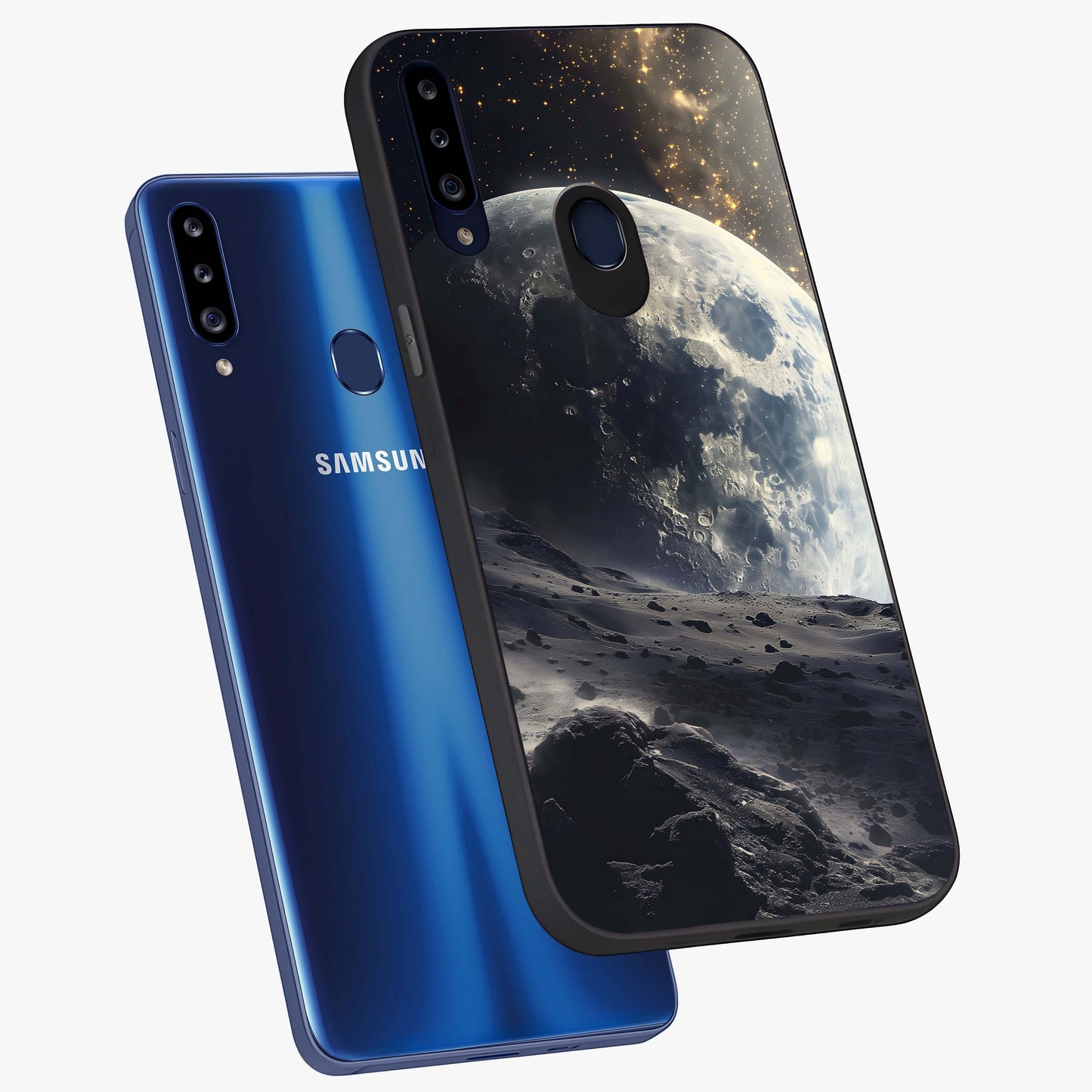 Lunar Horizon Glow Glass Case displayed in angled mockup highlighting celestial moon design with dreamy night aesthetic.