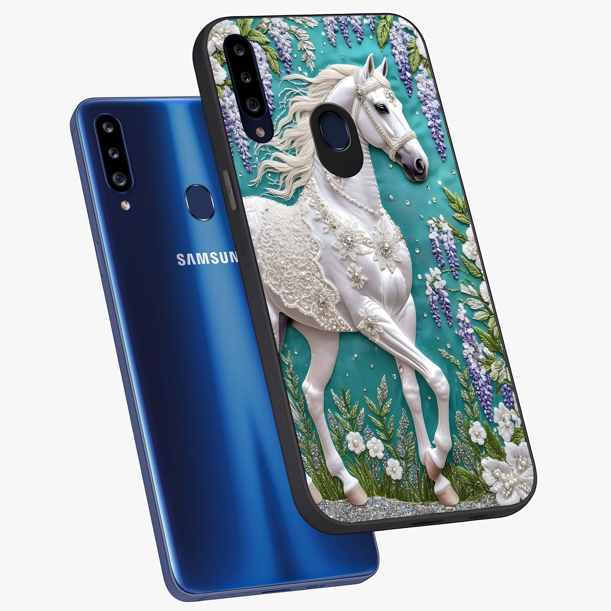 Majestic Floral Stallion Glass Case displayed in angled mockup highlighting majestic stallion illustration with elegant floral aesthetic.