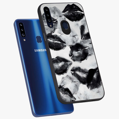 Midnight Kiss Marks Glass Case displayed in angled mockup highlighting playful romantic design with bold midnight aesthetic.