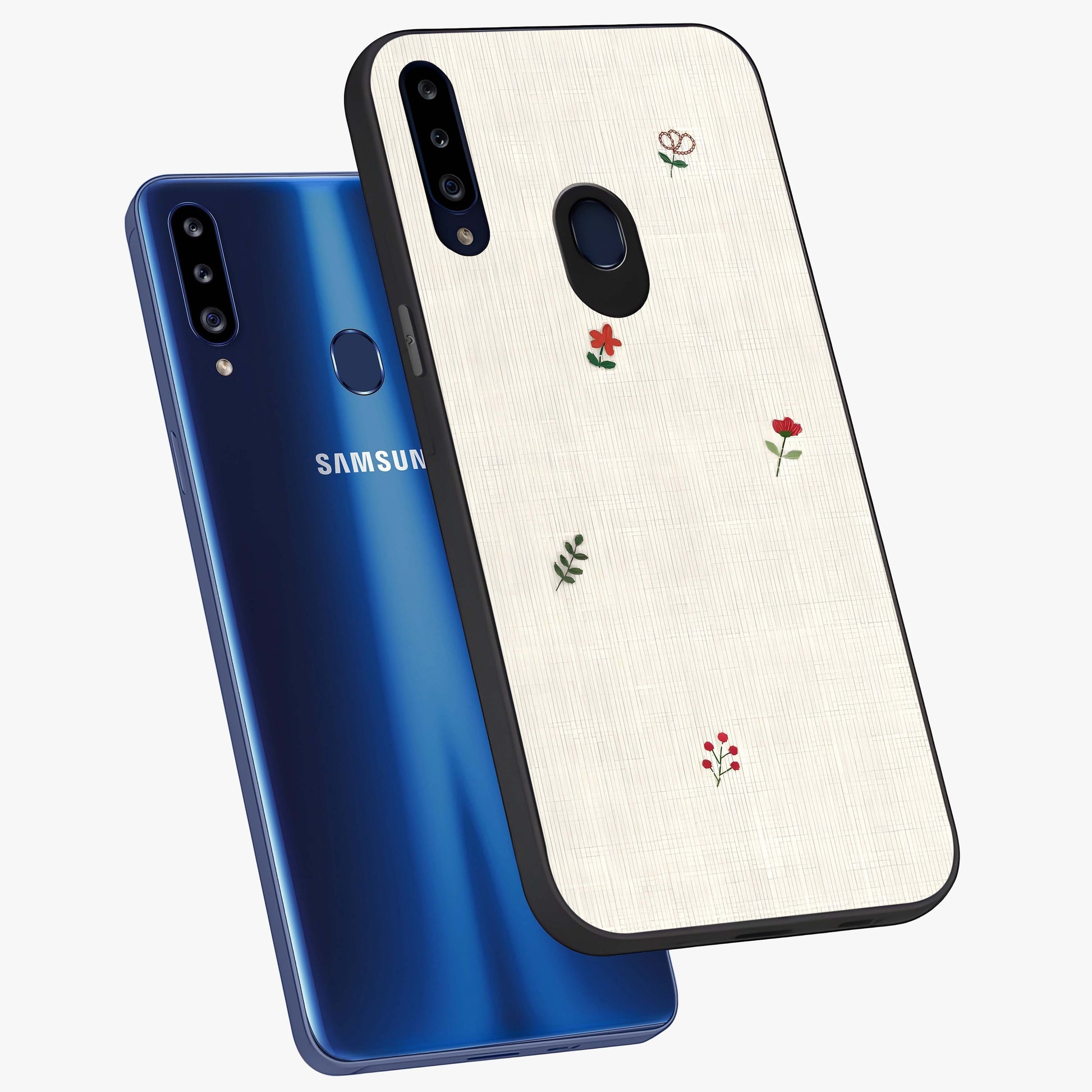 Minimalistic Blue With White Flower Pattern Glass Case displayed in angled mockup highlighting simple floral design with minimal aesthetic.