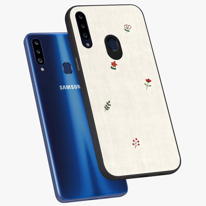 Minimalistic Blue With White Flower Pattern Glass Case displayed in angled mockup highlighting simple floral design with minimal aesthetic.