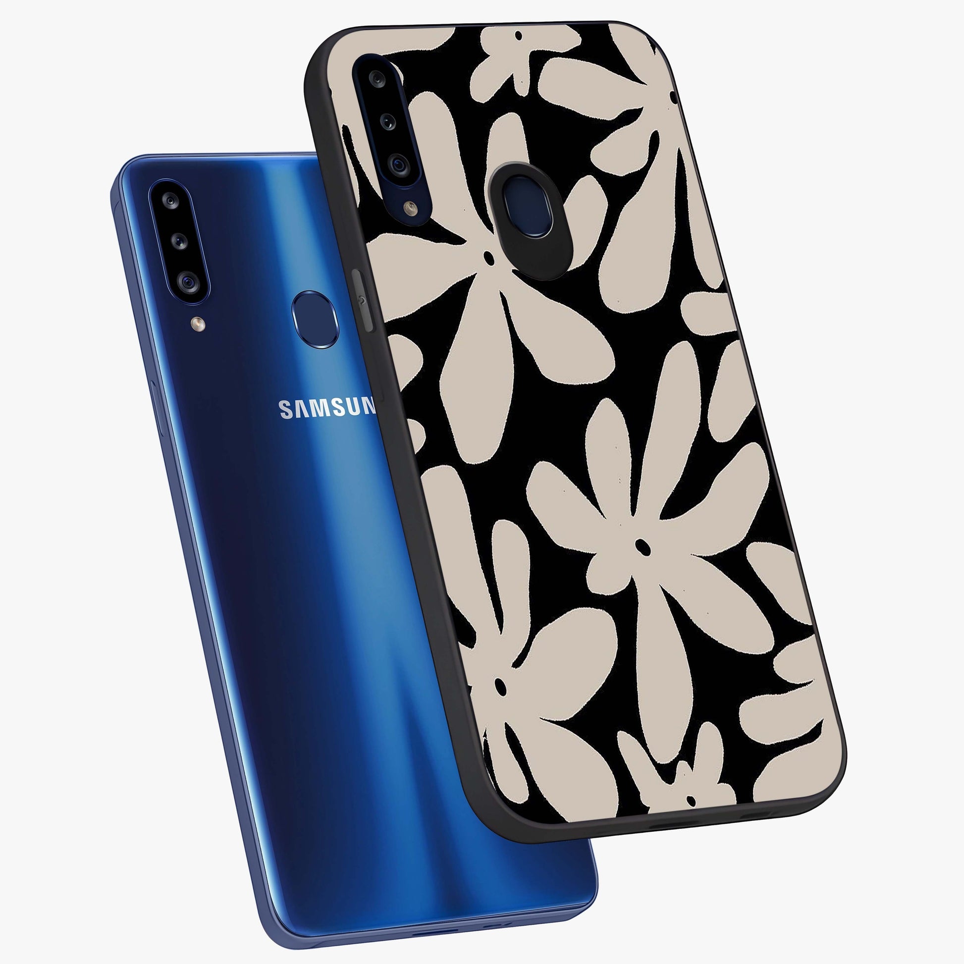 Monochrome Petal Dance Glass Case displayed in angled mockup highlighting elegant petal design with black and white aesthetic.