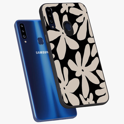Monochrome Petal Dance Glass Case displayed in angled mockup highlighting elegant petal design with black and white aesthetic.