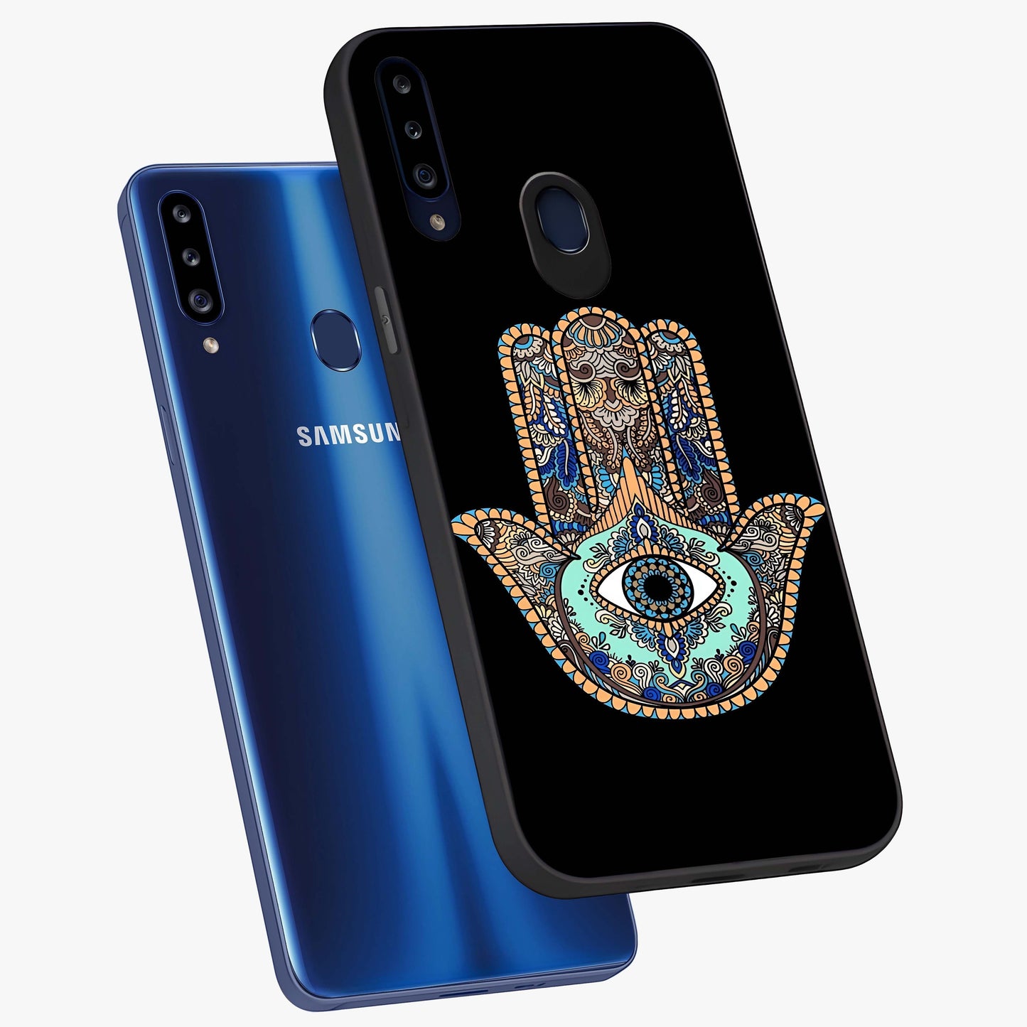 Mystic Hamsa Eye Glass Case displayed in angled mockup highlighting spiritual hamsa symbol with mystical aesthetic style.