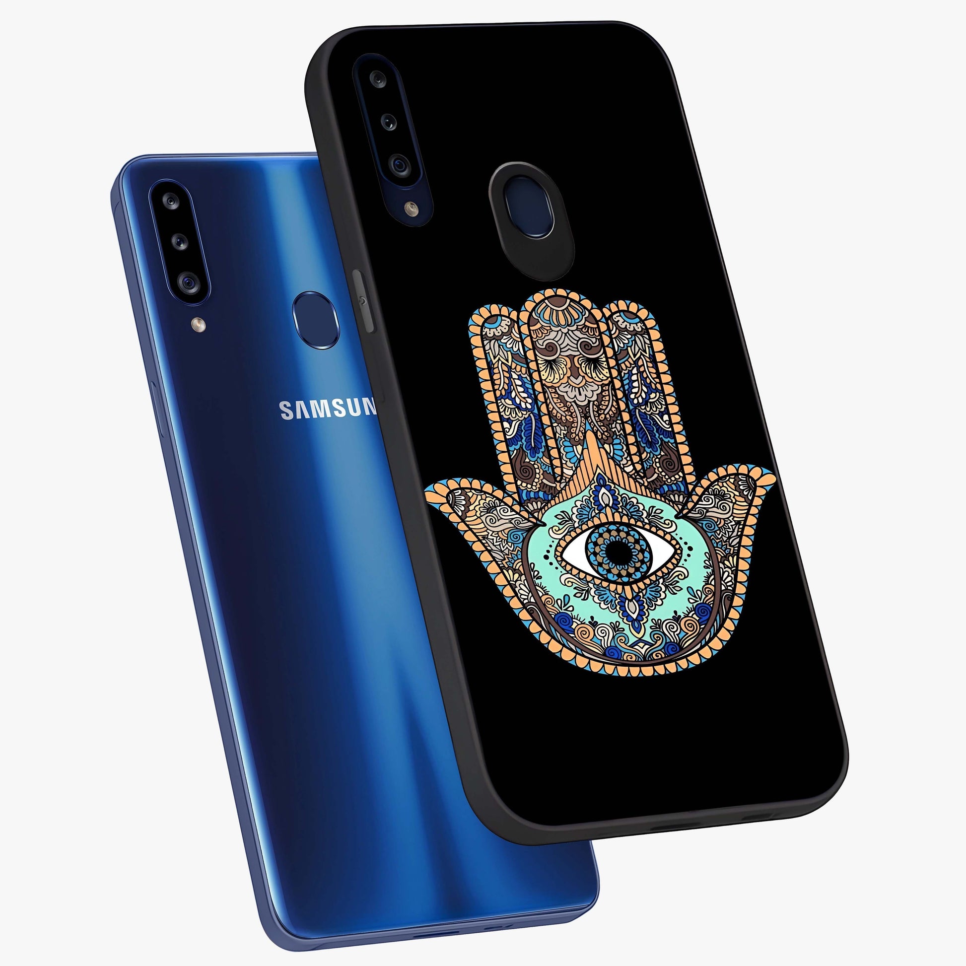 Mystic Hamsa Eye Glass Case displayed in angled mockup highlighting spiritual hamsa symbol with mystical aesthetic style.