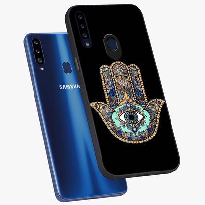 Mystic Hamsa Eye Glass Case displayed in angled mockup highlighting spiritual hamsa symbol with mystical aesthetic style.