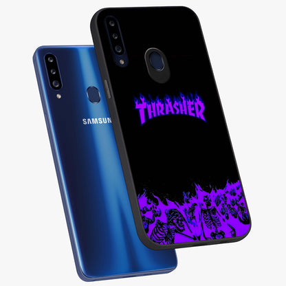 Neon Flame Riot Glass Case displayed in angled mockup highlighting glowing flame design with vibrant neon aesthetic.
