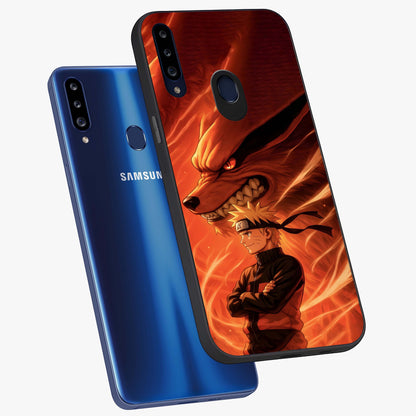 Nine Tails Legacy Glass Case displayed in angled mockup highlighting dynamic anime beast illustration with bold mystical aesthetic.