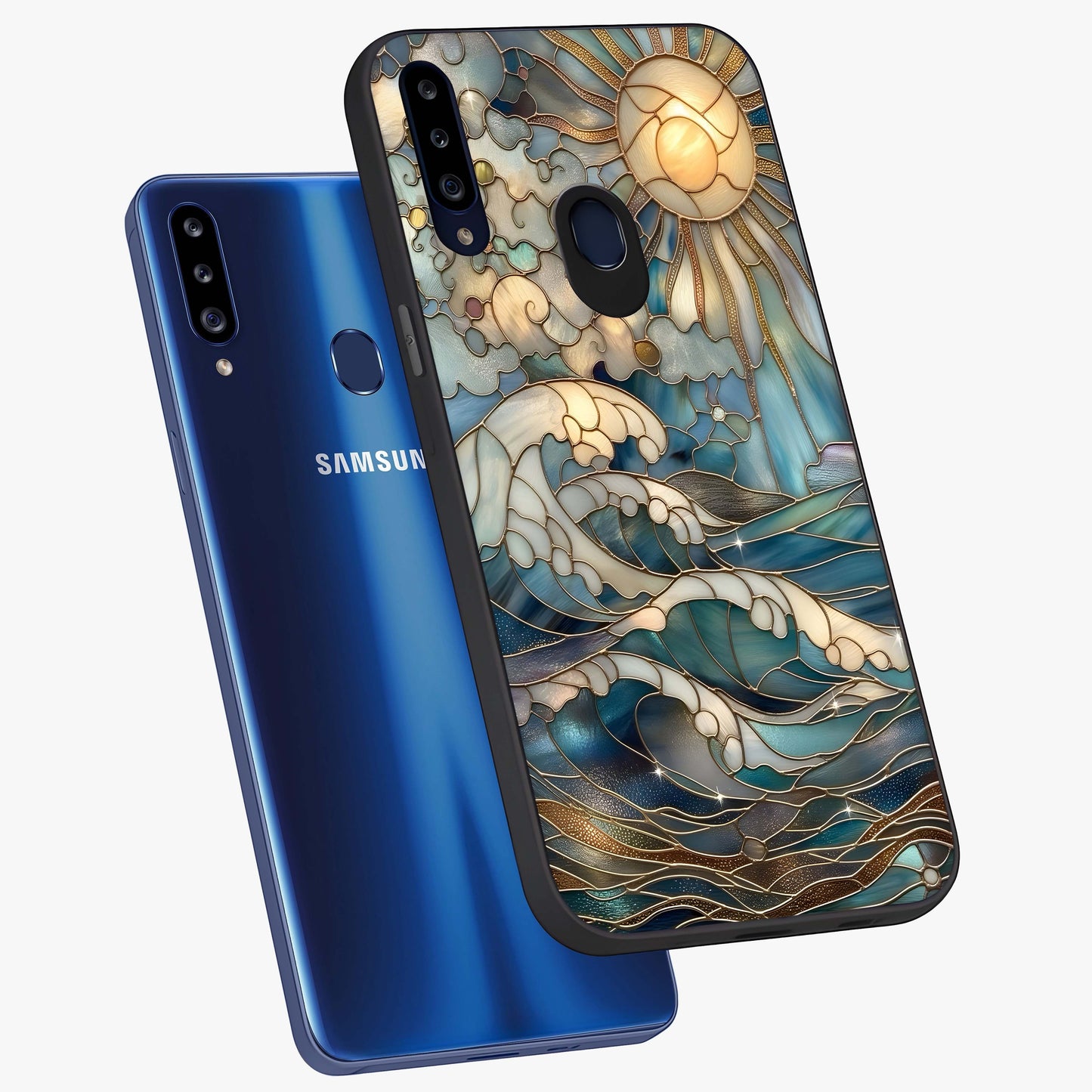 Oceanic Stained Printed Glass Case displayed in angled mockup highlighting colorful aquatic design with artistic aesthetic style.
