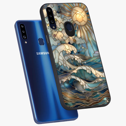 Oceanic Stained Printed Glass Case displayed in angled mockup highlighting colorful aquatic design with artistic aesthetic style.