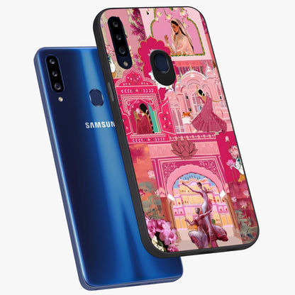 Pink Palace Muse Glass Case displayed in angled mockup highlighting dreamy palace illustration with soft pink aesthetic.