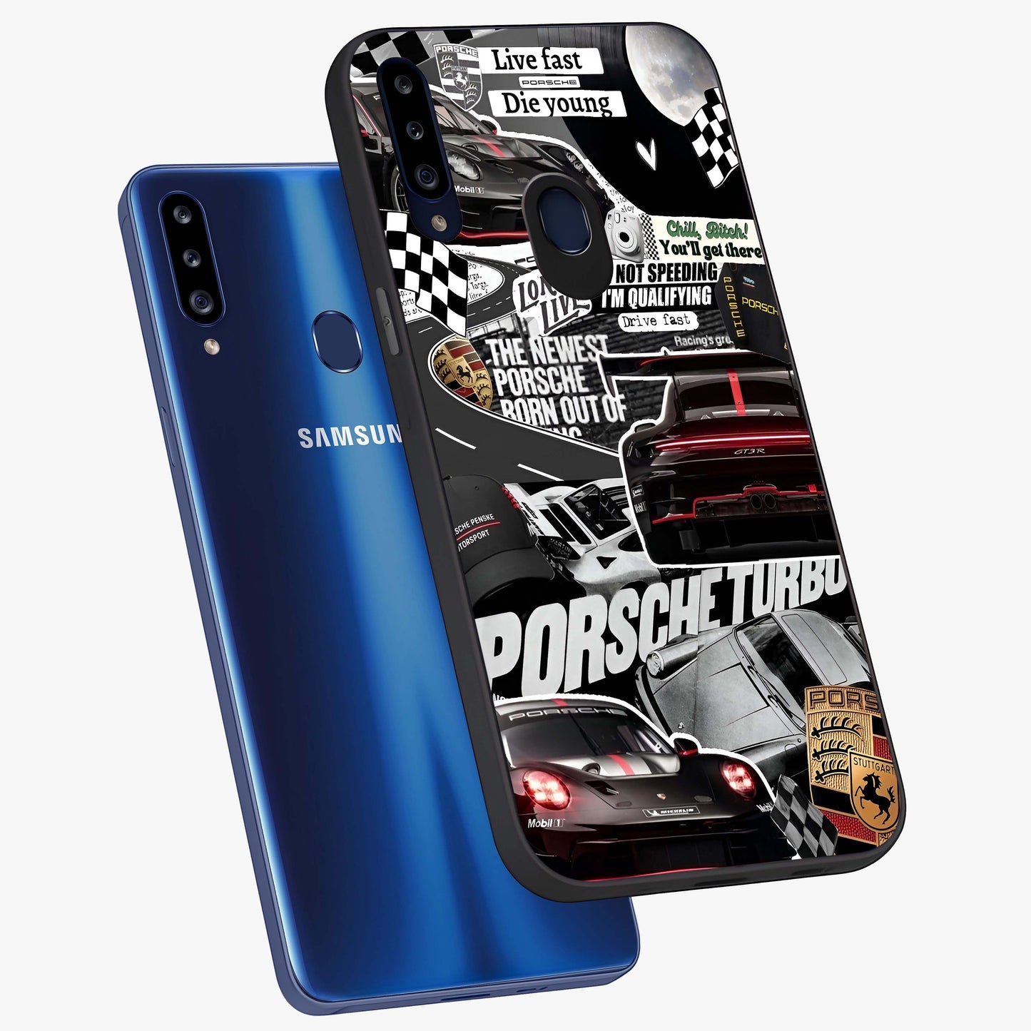 Porsche Racing Collage Glass Case displayed in angled mockup highlighting dynamic automotive design with bold racing aesthetic.