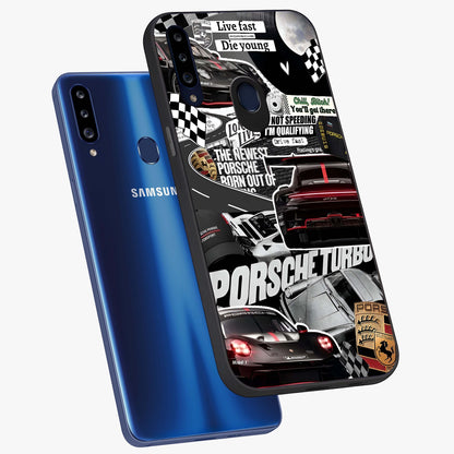 Porsche Racing Collage Glass Case displayed in angled mockup highlighting dynamic automotive design with bold racing aesthetic.