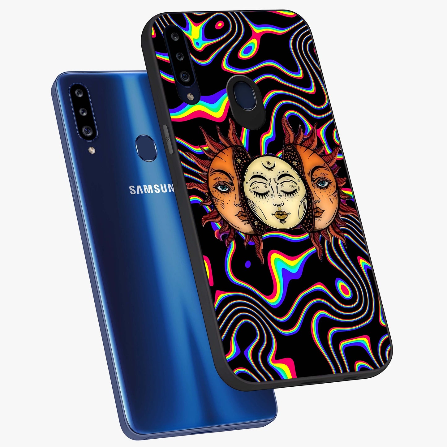 Psychedelic Sun Glass Case displayed in angled mockup highlighting vibrant abstract sun design with artistic aesthetic style.