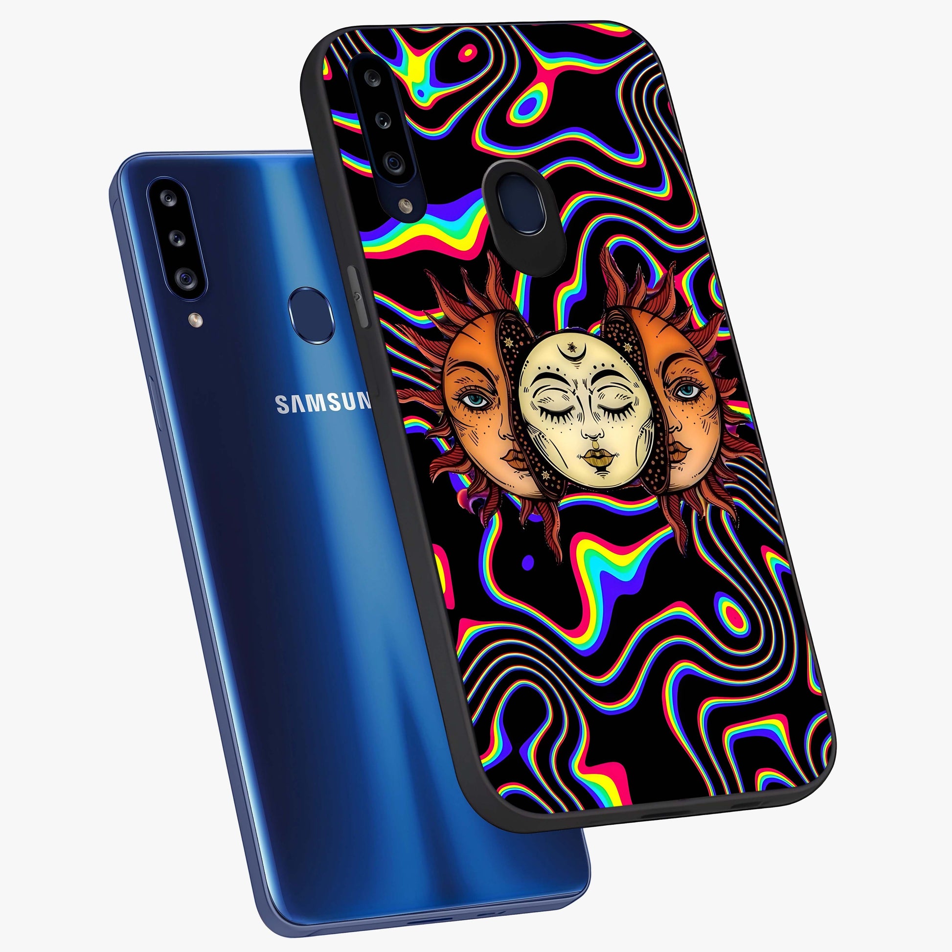 Psychedelic Sun Glass Case displayed in angled mockup highlighting vibrant abstract sun design with artistic aesthetic style.